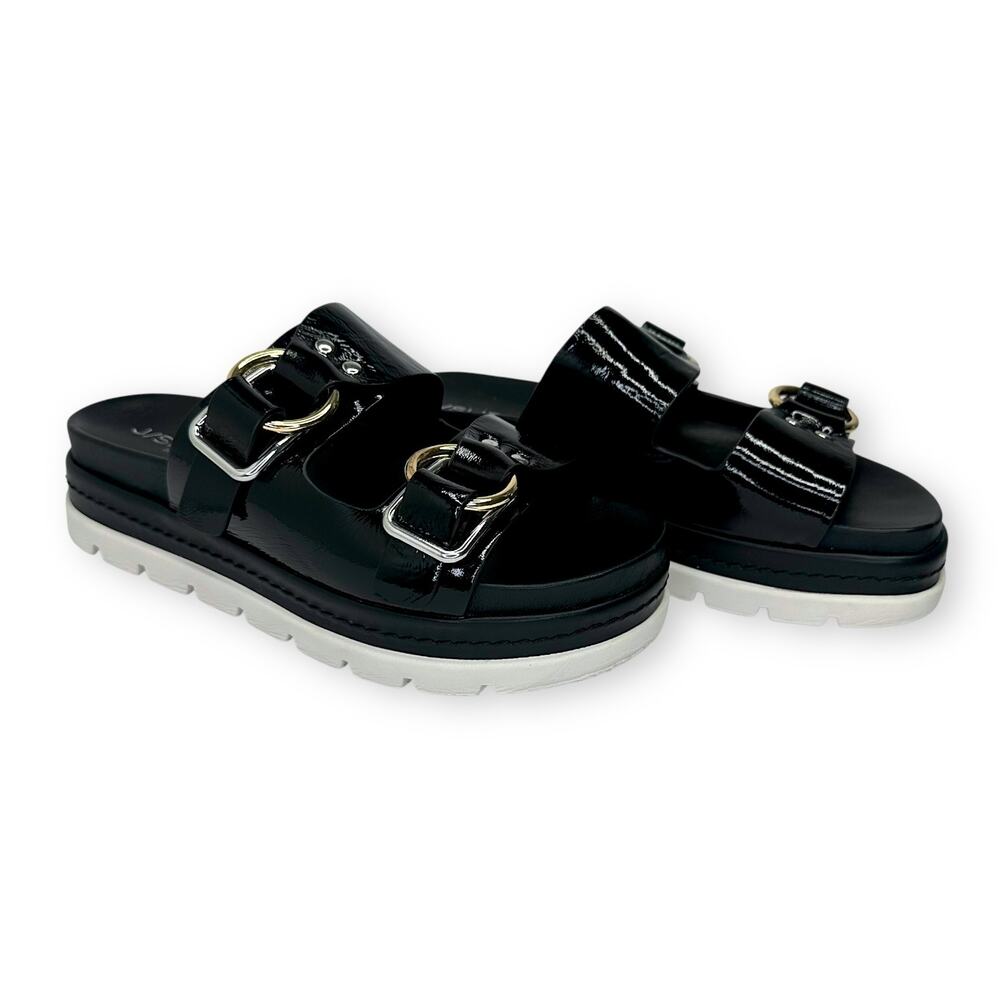 J Slides Baha Leather Double Buckle Slide Sandals US 7.5 Black Patent Platform - Picture 3 of 13